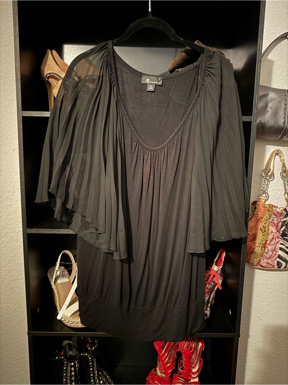 AB Studio Black Pleated Cape-Sleeve Tunic Top
